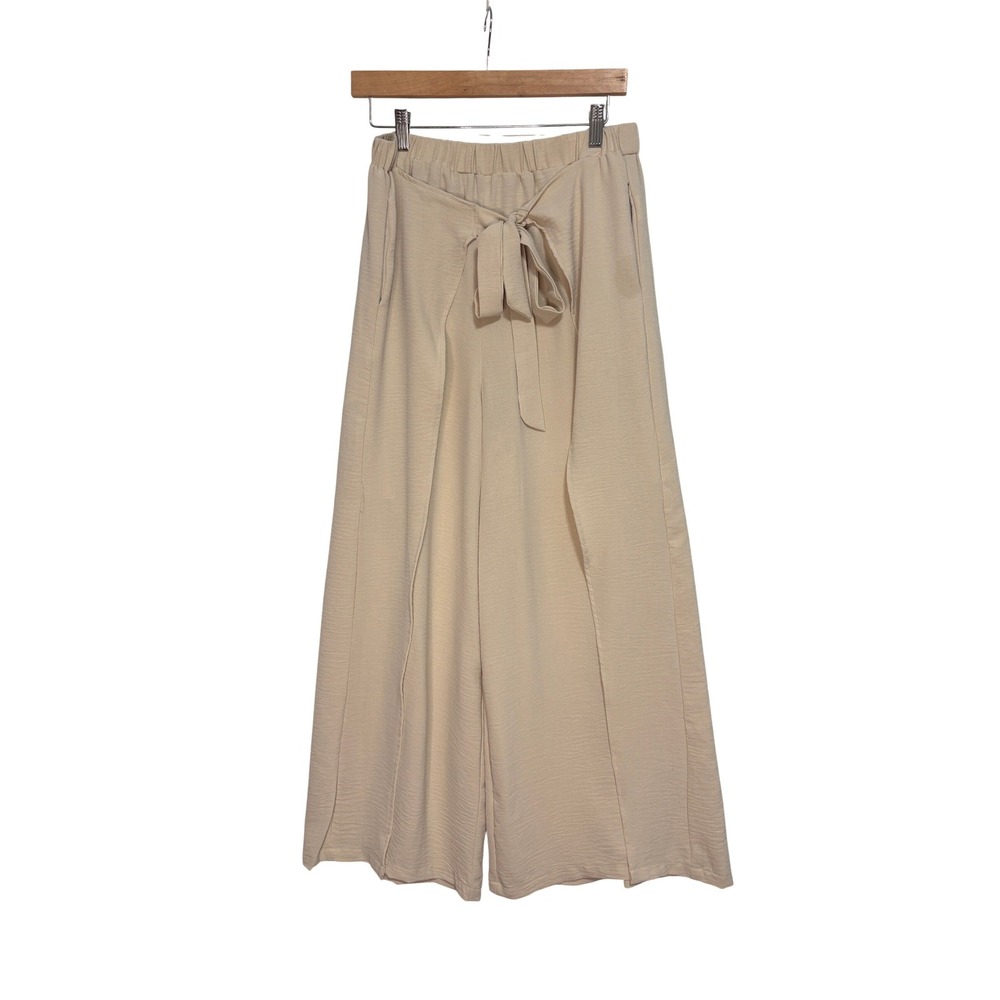 Grace Karin Wide Leg Palazzo Pants Beige Wrap Tie Waist Split Hem Boho Beachy L